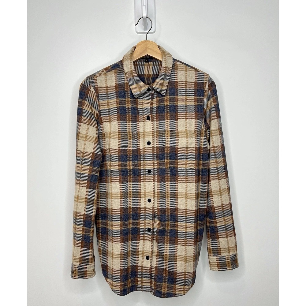 Quince Stretch Sweater Fleece Shirt Womens Medium Mocha Check Plaid Shacket Soft